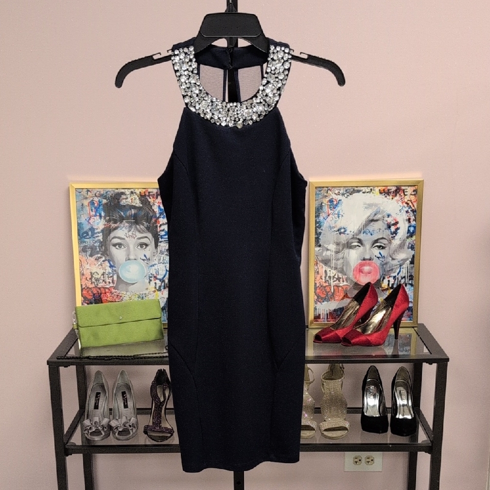 Speechless Navy Dress with Silver Embellishments